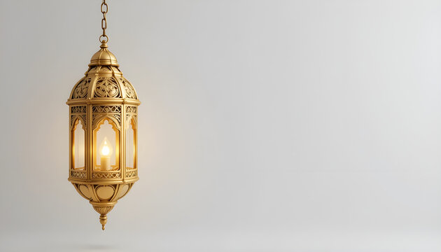 a striking golden moroccan style lantern hangs delicately against a soft neutral light gray background gently illuminated - Powered by Adobe