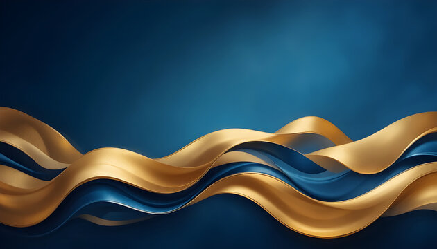 A luxurious abstract background featuring flowing golden and dark blue ribbons with a soft gradient and elegant curves