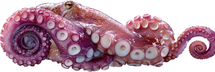Realistic octopus tentacle curled end detail wet glossy texture visible suction cups vibrant deep pink and purple tones highly detailed skin surface natural lighting ultra sharp focus
