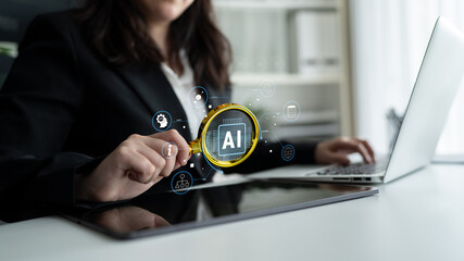 Artificial Intelligence (AI) as a core technology. A concept of an AI ecosystem powering data analysis, machine learning, and global networks. Motif