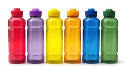 Colorful Plastic Water Bottle Set Displayed on a White Background for Casual or Outdoor Activities Near a Summer Event Time