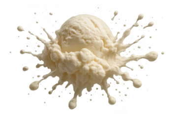Vanilla ice cream scoop creating a creamy splash, frozen dessert explosion with liquid drops, transparent background