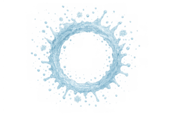 Water splashing into circular crown shape creating a dynamic liquid ripple with drops on transparent background