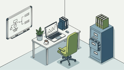 Office desk setup with laptop whiteboard and filing cabinet vector brazil ceara