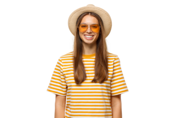 Close-up of young smiling female wearing summer hat and sunglasses