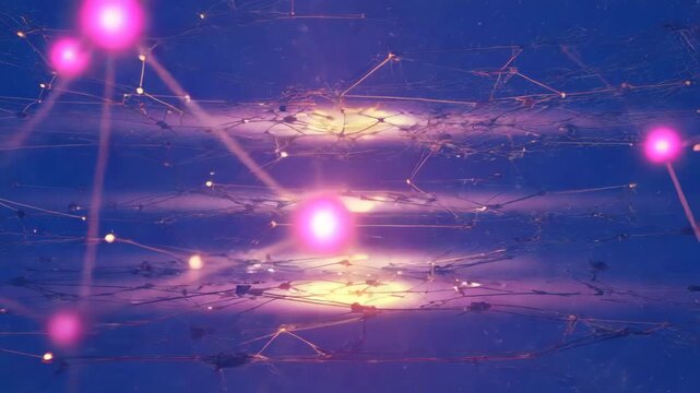 Abstract 3D digital network with colorful nodes and glowing connections, flowing motion and energy pulses, neural network concept in smooth 4K animation.