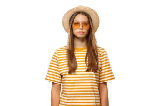 Relaxed calm girl in casual clothes, sunglasses and hat