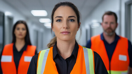 emergency reponse team in safety vests prepared in a modern office corridor symbolizing organized readiness