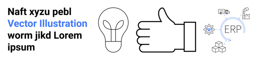 Innovation, technology, enterprise solutions, logistics, production management, planning. Thumb up symbol, lightbulb and ERP-related icons. Innovation and technology conceptual