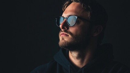 Fototapeta premium Portrait of a man wearing sunglasses in dark setting, showcasing confidence and style during a moody atmosphere, background with copy space