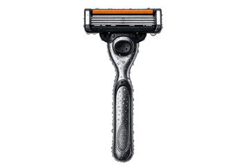 Fototapeta premium Manual cartridge razor showing multiple sharp blades, an orange lubrication strip, and water drops, ready for a fresh shave
