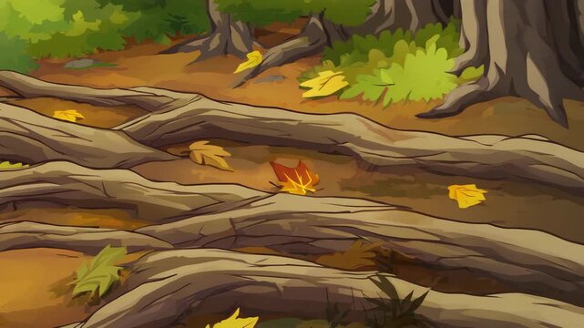 Forest root system close-up animation, roots expanding naturally with subtle movement, earthy tones, space on one side for text or design elements.