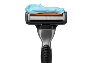 Razor with blue shaving cream on transparent background, symbolizing daily male grooming and personal hygiene routine