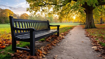 Park bench beside path during golden autumn sunset