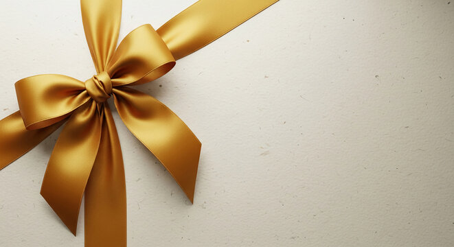 Satin gold bow on textured paper. Festive concept, symbolic of gift, celebration, or achievement with free space for text or graphic elements