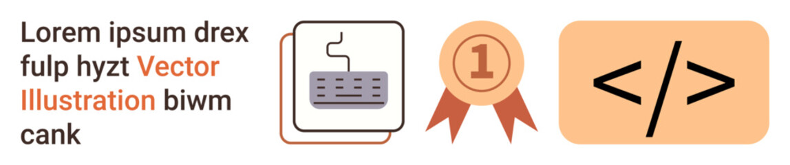 Software development, coding education, programming tools, achievements, tech workshops, digital innovation. A keyboard icon, award badge and code symbol. Coding education and programming tools