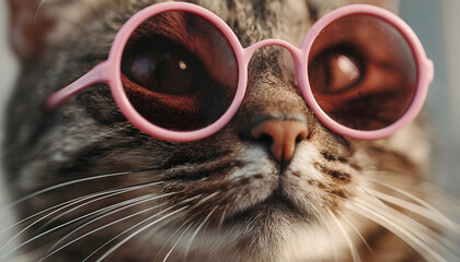 Naklejka premium A closeup of a cat with a playful expression, wearing pink sunglasses. The cats fur is a mix of brown and black stripes, and its eyes are a deep brown