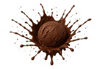 Chocolate ice cream scoop splashing into melted cocoa liquid, creating a dynamic dessert explosion on transparent background