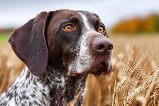 German shorthaired pointer dog sitting in wheat field