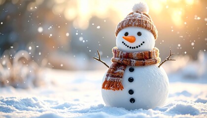 Cheerful Snowman in Winter Wonderland with Orange Carrot Nose and Warm Knitted Hat