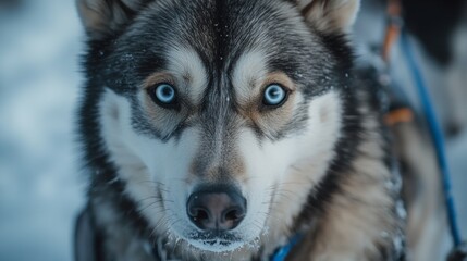 Obraz premium A strong-looking husky dog with blue eyes and white fur covered in snow, gazing into the distance.