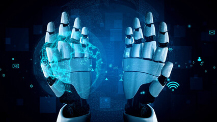 A visually striking image of robotic hands amidst a virtual digital landscape. This representation captures themes of technology, innovation, and futuristic concepts of connectivity. Xenic