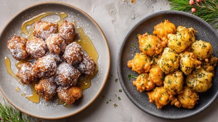 Festive holiday dessert and savory fritter selection with garnishes
