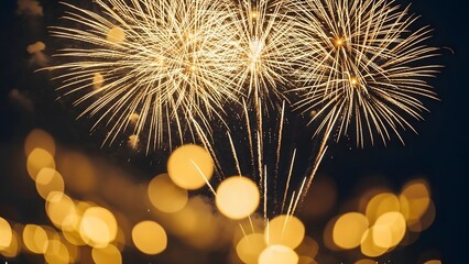 Golden fireworks exploding in a dark night sky with bokeh lights
