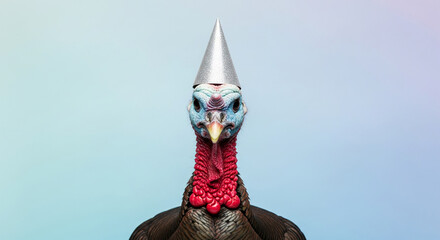 Close-up of a turkey wearing a shiny party hat. The image suggests festivity, celebration, or humor with a comical, lighthearted concept
