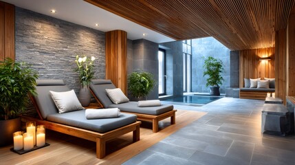 Luxury spa interior with lounge chairs and pool