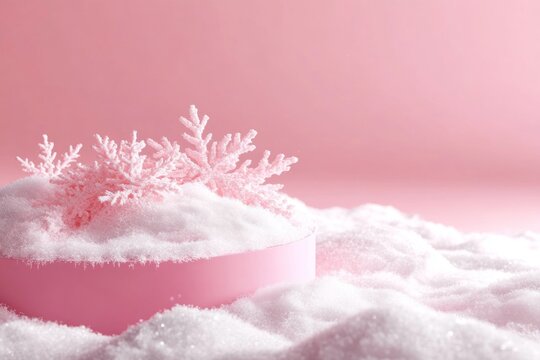 A pink background with snowflakes on it. The snowflakes are on top of a pink object