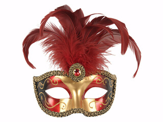 Elegant Venetian masquerade mask with red feathers for festive celebrations and carnival themed events, adding mystery and glamour to any occasion