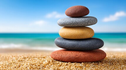 Stacked balance stones on beach representing harmony and stability