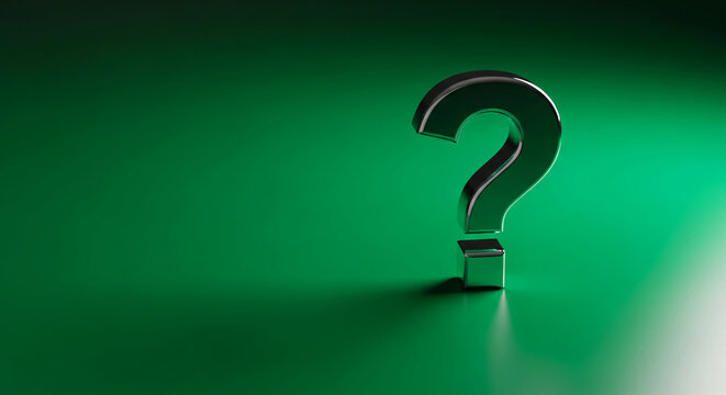 Metallic question mark against green backdrop, reflecting light. Represents curiosity, inquiry, problem-solving, and the search for solutions, free space