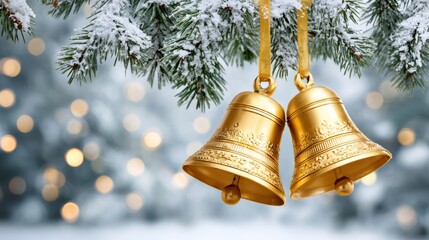 Golden christmas bells hanging on snowy pine branch