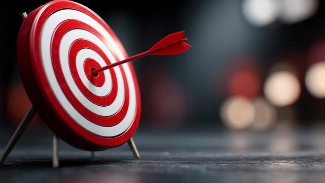 A red target with a red arrow pointing to it. The target is on a wooden stand. Concept of focus and determination, as the arrow is aimed directly at the target