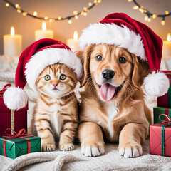 Cute dog wearing a Santa Claus hat for a merry Christmas pet celebration