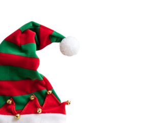 Isolated Santa Claus helper hat on transparent background, red and white plush Christmas headwear, festive holiday accessory, fluffy velvet cap for seasonal decoration and winter celebration