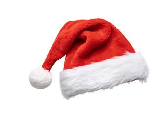 Festive Santa helper cap isolated on transparent background, red velvet hat with white trim and fluffy pompom, seasonal Christmas accessory for decoration, party costume and holiday gift prop