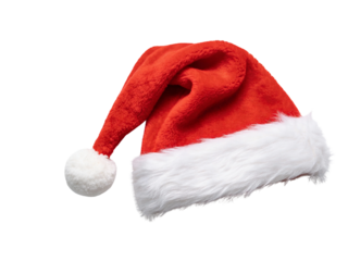 Festive Santa helper cap isolated on transparent background, red velvet hat with white trim and fluffy pompom, seasonal Christmas accessory for decoration, party costume and holiday gift prop