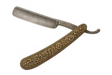 Vintage straight razor with ornate golden handle presenting classic barber shaving and grooming tool on transparent background