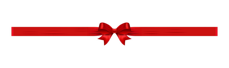 Red ribbon bow with long horizontal tails, glossy vector gift wrap element for web banners, coupons, sales, marketing promotions and holiday design