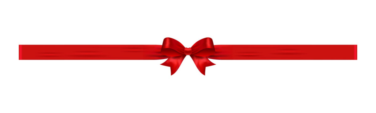 Red ribbon bow with long horizontal tails, glossy vector gift wrap element for web banners, coupons, sales, marketing promotions and holiday design