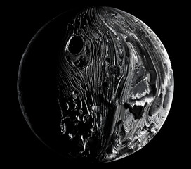 3d render of abstract art of a black and white monochrome surreal mystic ball, sphere, stone, moon, planet with craters and rough damaged surface on a black background 