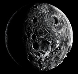 3d render of abstract art of a black and white monochrome surreal mystic ball, sphere, stone, moon, planet with craters and rough damaged surface on a black background 