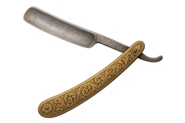Vintage straight razor with ornate golden handle, evoking classic barber salon and traditional shaving culture