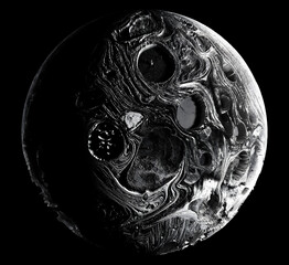 3d render of abstract art of a black and white monochrome surreal mystic ball, sphere, stone, moon, planet with craters and rough damaged surface on a black background 