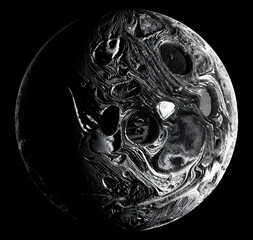 3d render of abstract art of a black and white monochrome surreal mystic ball, sphere, stone, moon, planet with craters and rough damaged surface on a black background 