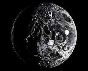 3d render of abstract art of a black and white monochrome surreal mystic ball, sphere, stone, moon, planet with craters and rough damaged surface on a black background 