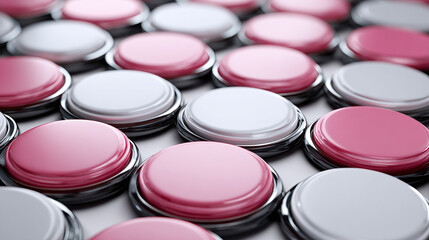An array of glossy round buttons in alternating colors of pink and white are captured with a shallow depth of field under soft lighting.